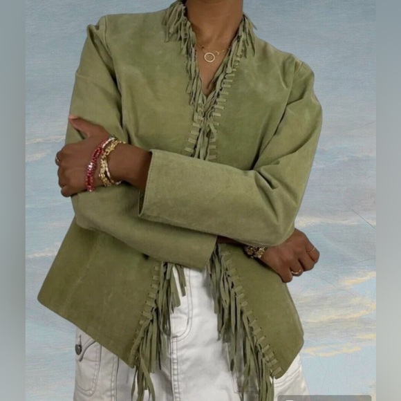 Dialogue Jackets & Blazers - Dialogue Leather Jacket - Woman’s Turquoise, Fringed Leather Jacket. Size Large